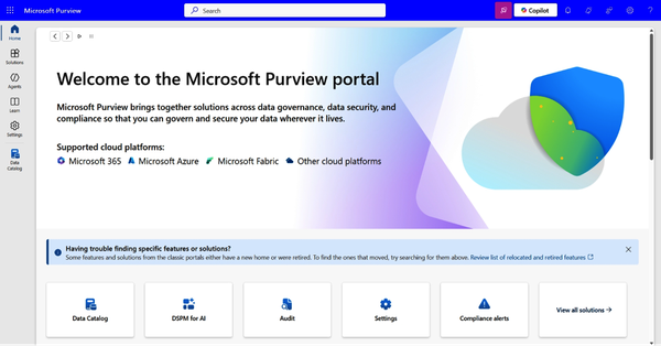 Screenshot of the Microsoft Purview portal homepage displaying data governance, security, and compliance features with supported cloud platforms like Microsoft 365 and Azure.