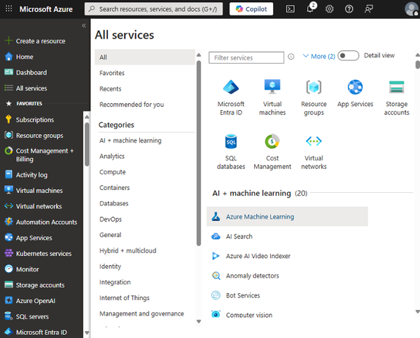 Screenshot of the Azure portal's "All services" section, showing categories like AI, machine learning, and cost management tools.