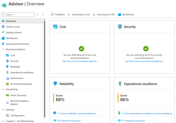 Azure Advisor dashboard showing categories of cost, security, reliability, and operational excellence, with corresponding recommendations and scores.