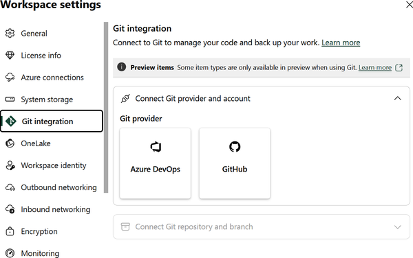 Screenshot of the Git integration section in Fabric workspace settings, showing options to connect either Azure DevOps or GitHub as the Git provider.