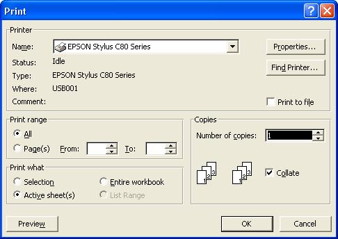 Use the Print dialog box to tell Excel what you want to print and how many copies you want.