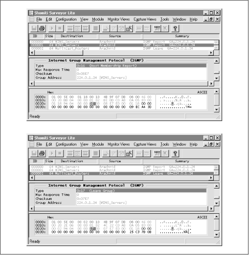 A Microsoft WINS server registering and then leaving a multicast group