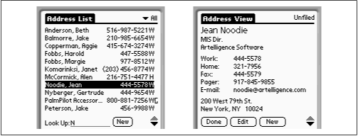 The Address Book starts with a home page of all your phone numbers (left). Tap a name to open its detail view for that name (right).