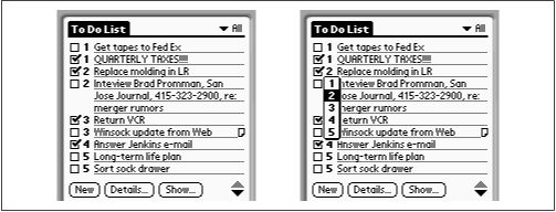 Tap a checkbox to “check off” a task you’ve gotten out of the way (left). To set a priority level, tap the number beside an item (right), and then tap one of the numbers (1 through 5).