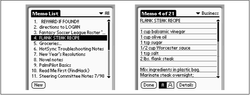 The Memo Pad greets you with an index of first lines (left). Tap one to see the complete page (right).