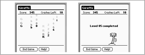 To save the world (and hone your Graffiti skills), write the letters before they touch ground (left). After a perfect round, if the PalmPilot feels generous, it might treat you to the elusive dancing palm-tree animation (right).
