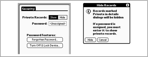 At left is the Security screen. If you tap the Hide button, the message at right explains what’s going on. (A similar message appears when you switch from Hide to Show modes.)