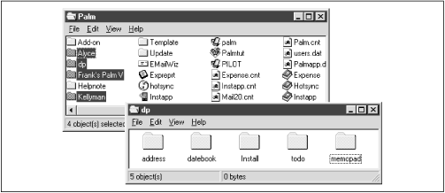 On your hard drive, inside the Palm folder, lurk individual folders for each Palm user (top). In this example, Kellyman, Alyce, dp, and Frank’s Palm V store the data for four different PalmPilots. Within each user-named folder are more folders, one for each Palm program: Address Book, Memo Pad, and so on (bottom). (On the Mac, the user-named folders are inside the Users folder.)