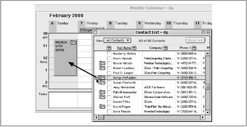 You can drag any kind of palm desktop item onto any other.