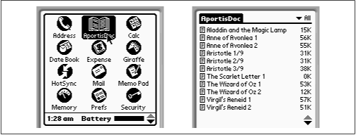 To open your electronic book, tap the Doc reader icon (left), and then choose from the documents you’ve loaded (right).