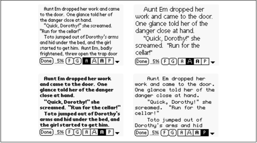 Depending on the age and exhaustion level of your eyes, you may prefer a different one of the four included Palm fonts. (The fourth font isn’t available on Palm III and later models.)