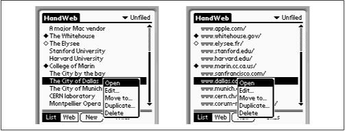 You can view HandWeb’s bookmark list either as web-page titles (left) or URLs (right). Either way, tap in the list to make the pop-up menu appear—and then tap Open to view that page from the Web.