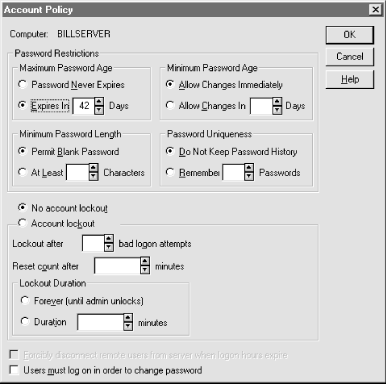 The Account Policy dialog box