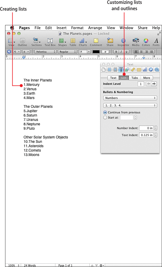 6. Creating Lists and Outlines - My Pages® (for Mac) [Book]
