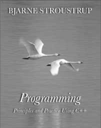 The front page of a book displays Bjarne Stroustrup on the top and Programming: Principles and Practice Using C++ on the bottom and two flying birds that look like a flamingo.