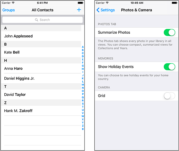 Collage of two screenshots from an iPhone, the Contacts app and Photos and Camera Settings showing the UI Table View outlook.