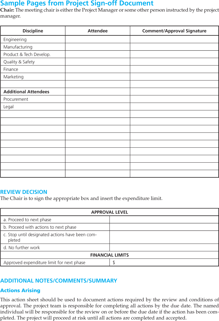 A signoff document excerpt with columns from left to right of discipline, attendee, and comment slash approval signature. The bottom section is labeled additional attendees.