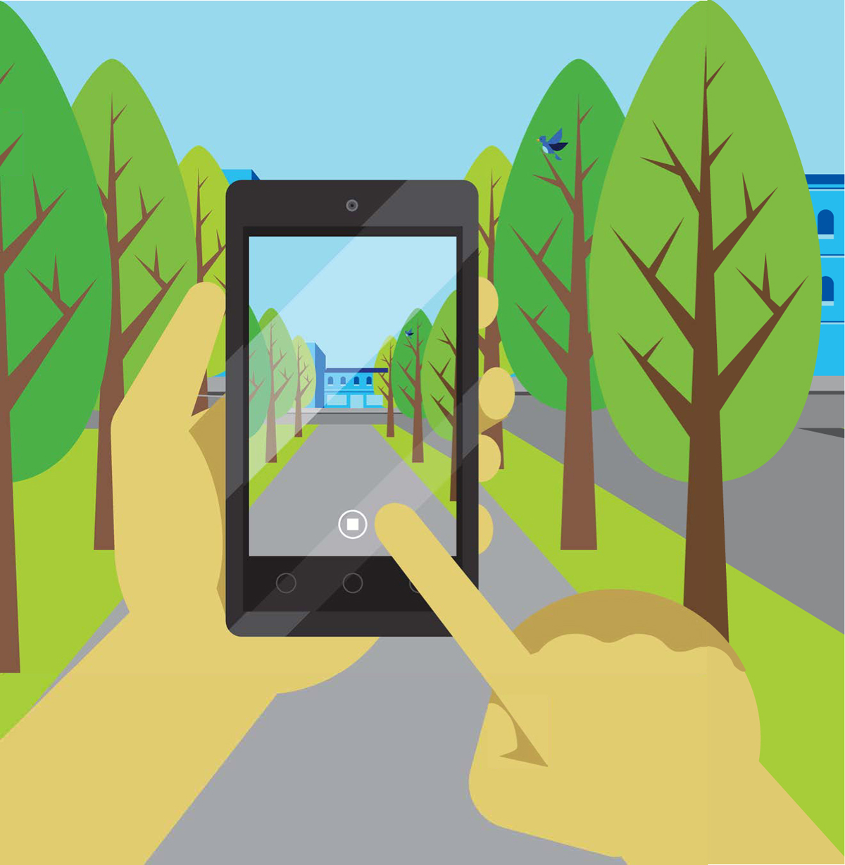 The image shows a mobile taking a picture of a pathway with trees on either side.