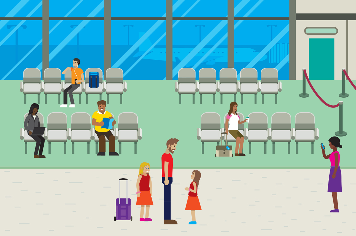 A graphical representation shows people waiting in the airport gates for onboarding. A man is standing along with two children.