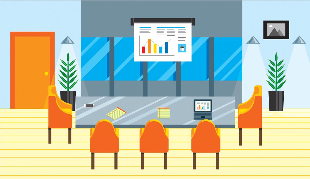 A graphical representation shows chairs arranged for the conference in front of a projector in the board room.