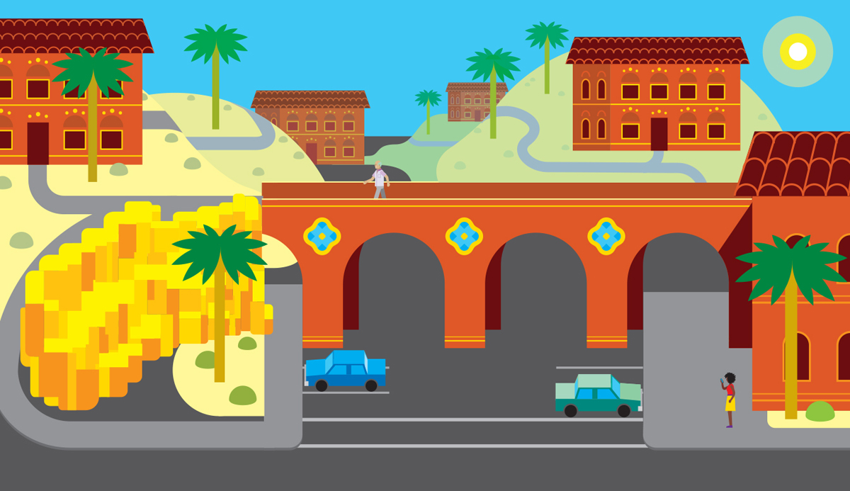 A graphical representation shows a adult man walking on the bridge, while the vehicles passes on the road below the bridge.