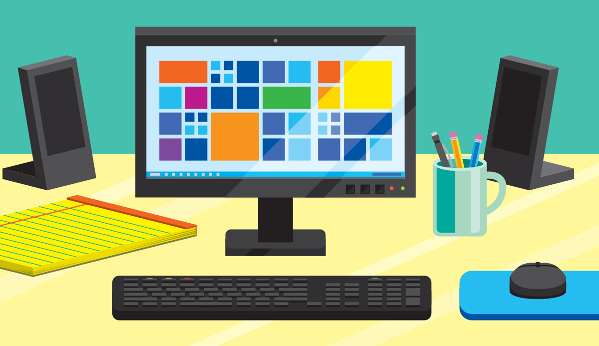 An animation picture displays the desktop, a keyboard, a notepad, a cup that holds few pens, and a speaker placed on a table.