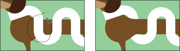 A pair of illustrations show the intertwine process. The first illustration shows a weave like pattern over a horizontal shape. One section is selected. In the second illustration, the selected section is changed to resemble an overlapping pattern.