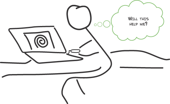 Stick figure drawing of a person reading a book, with a thought bubble that reads, “Will this help me?”