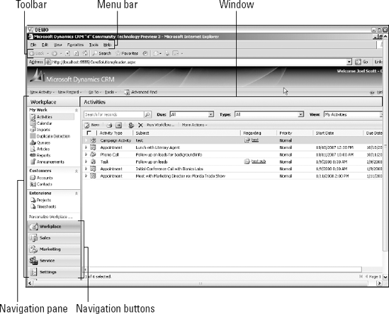 A typical workplace with the navigation pane on the left and the Activities window on the right.