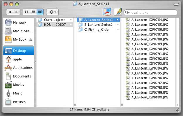 The photographs in this series contain the original in-camera file names, prefixed with the alphabetical value and the descriptive name of its folder; in this example it's A_Lantern_OriginalFileName.jpg. The images in B_Lantern_Series2 follow the same naming logic, and are titled B_Lantern_OriginalFileName.jpg. You can guess what the files in C_Fishing_Club are titled.