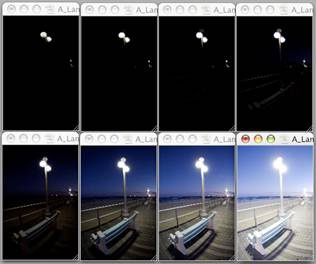These 8 images from a massive manual bracketing series covering a dramatic exposure range will be combined into a single 32-bit High Dynamic Range image.