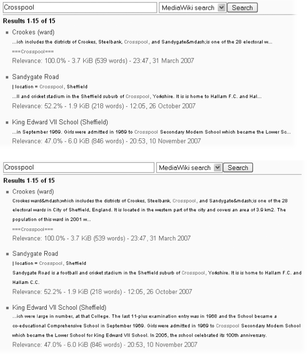 On the top is a search on the word “Crosspool,” with the “Context per line” set to 50 (which means 50 characters). (Only the first three results are shown). On the bottom is the same search, with this option set to 200. (Again, only the top three results are shown.)