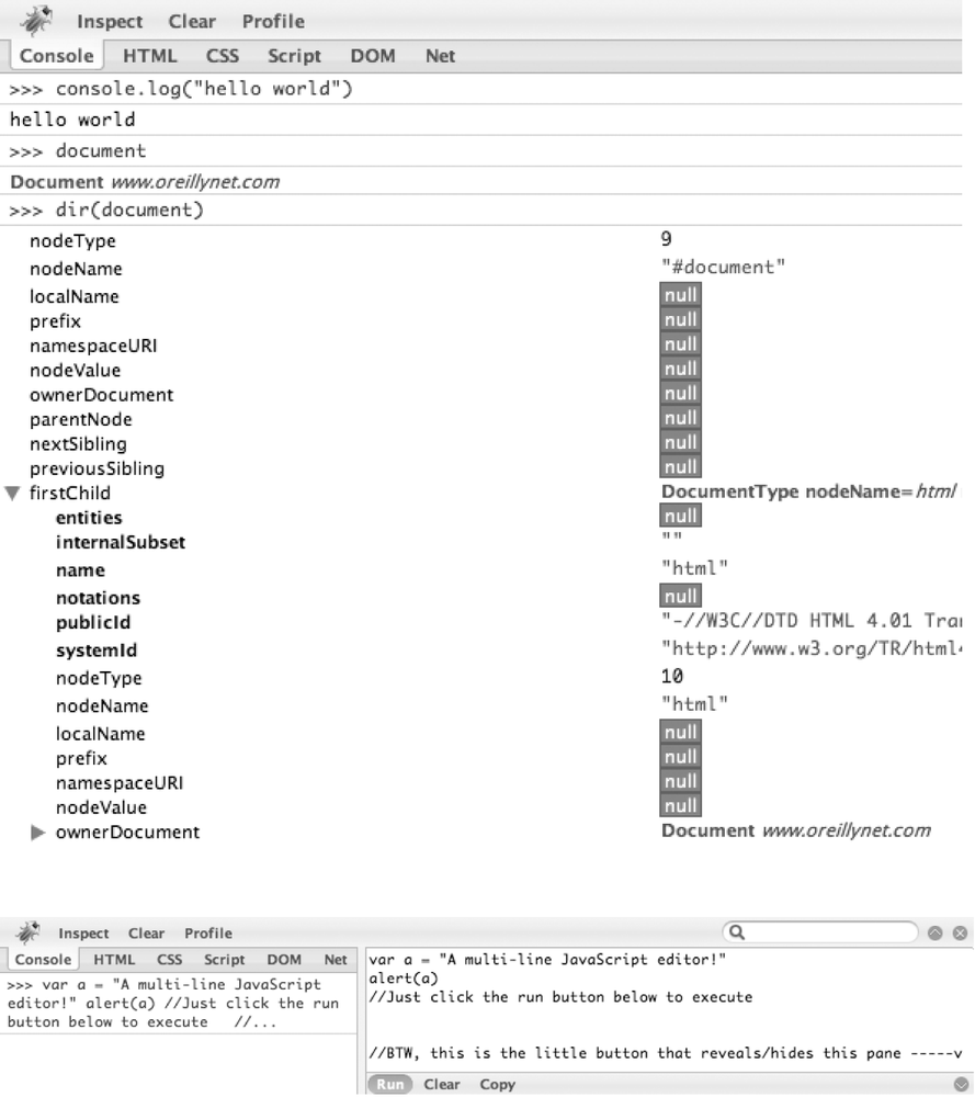 Left: the console is your scripting interface into any web page; right: clicking the subtle button that looks like a ^ on the far right of the console prompt reveals a multiline JavaScript editor