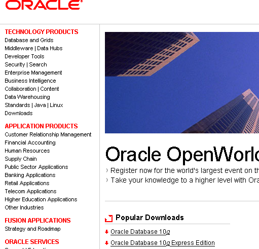 A vertical menu of the left side of Oracle.com