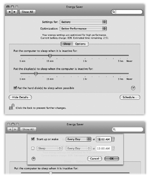 Top: Here's what Energy Saver looks like in its expanded condition on a laptop. (On a desktop machine, it's far simpler.) In the "Put the display to sleep" option, you can specify an independent sleep time for the screen.Bottom: Here are the Schedule controls—a welcome return of the Mac's self-scheduling abilities.