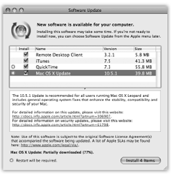 When Software Update finds an appropriate software morsel, it presents this dialog box that offers to install it automatically. (If you see a smaller version of this dialog box, with no visible list of the new components, click the Details button.) Apple has always created updated and bug-fixing versions of its software components, but they don't do you any good if you don't know about them. You no longer have to scour Mac news Web sites to discover that one of these components has been released and then hunt down the software itself.