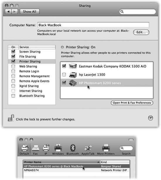 Top: On the Mac with the printer, open the Sharing panel of System Preferences. Turn on Printer Sharing. Turn on the checkbox for the printer(s) you want to share.Bottom: To use a shared printer elsewhere on the network, open the document you want to print, and then choose File→Print. In the Print dialog box, choose Add Printer. The shared printer is clearly identified; click it and click Add, just as you'd add any printer (). From now on, it shows up in the Printer pop-up menu just like any other printer.