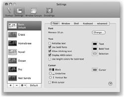 To access the Terminal Inspector, choose Terminal→Show Inspector (or press ⌘-I). This window shows all of your Terminal saved settings. To apply any to an existing window, just select the window and then a setting.