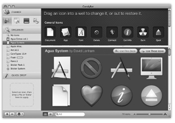 To use CandyBar, just drag your new icons into the appropriate slots. When you restart the Mac, you'll find your new icons in place. Restoring the original icons is equally simple.