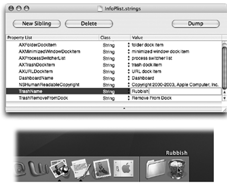 Top: This simple file contains the name of the Trash icon on the Dock—and the name of the Eject icon that replaces it when you're dragging a disk. By double-clicking the text in the Value column, you can edit these descriptions to change the corresponding names.Bottom: The resulting Trash has a very different name.