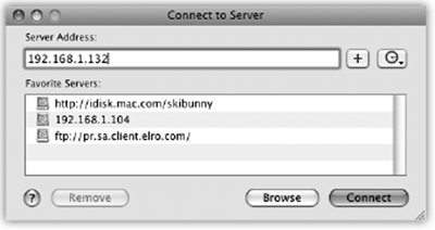 The Connect to Server dialog box lets you type in the IP address for the shared Mac to which you want access. (Ensuring that the shared Mac is turned on and connected to the Internet is the network administrator's problem.)