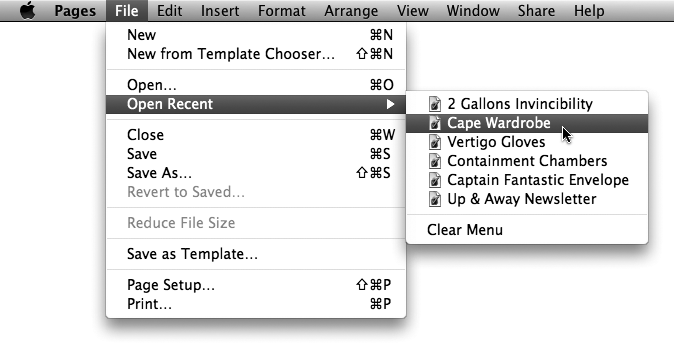 The Open Recent submenu contains a listing of the Pages documents you’ve used most recently. Select the document you want, and Pages opens it for you in a new window. If others use your computer, and you prefer not to have them discover that you were editing a file inconveniently named “Secret Plan to Take Over the World,” choose Clear Menu to make Pages forget your editing history.