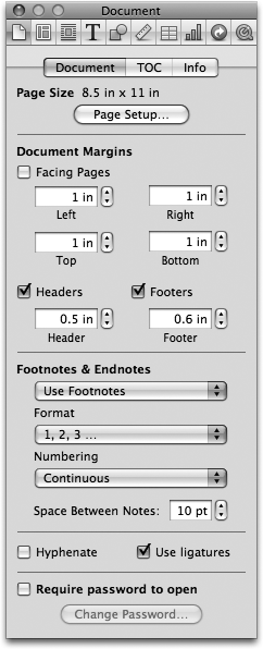 The Document Inspector’s Document tab lets you change the overall layout of your document—page size, margins, and footnote style. This is also where you’ll find the master switches for auto-hyphenation, ligatures, and password protection.
