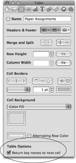 The Table Inspector is home to the “Return key moves to next cell” checkbox (circled), which controls whether you can use the Return key to skip from row to row. Turning this option on or off affects the behavior of the Tab key in subtle ways, too, changing what Numbers does when you press Tab from the table’s last column.