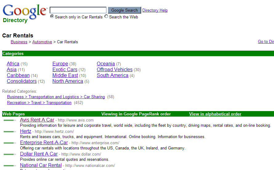 Car rental companies in Google Directory
