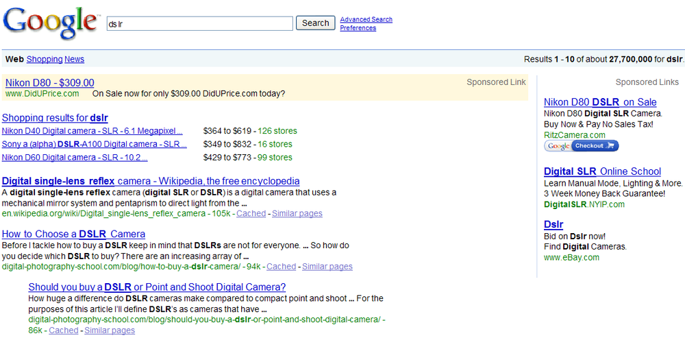 Entries marked as sponsored (right) are paid ads, while the longer entries on the left are natural search results