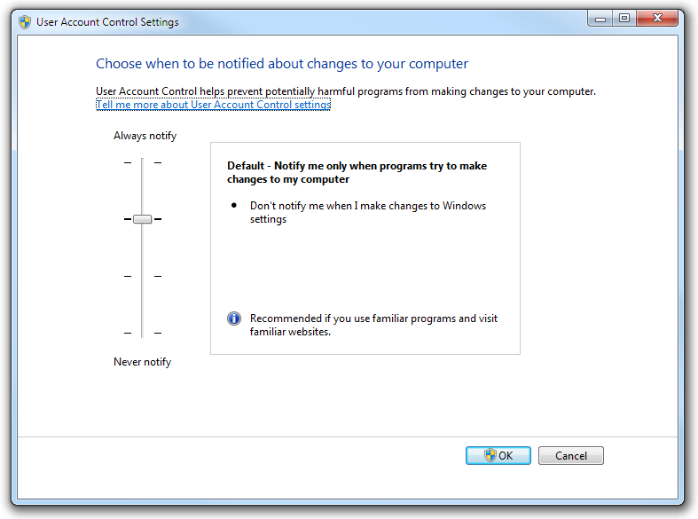 Modifying the notification levels of UAC