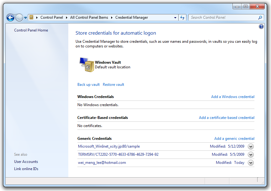 Launching the Credential Manager in the Control Panel