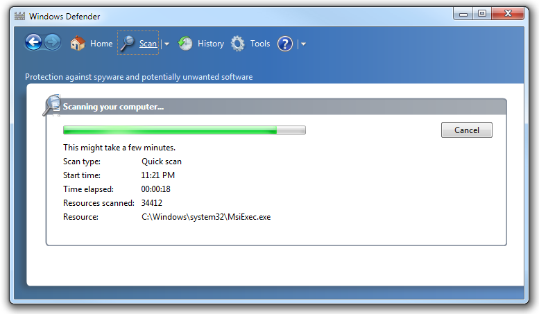 Scanning for spyware using Windows Defender
