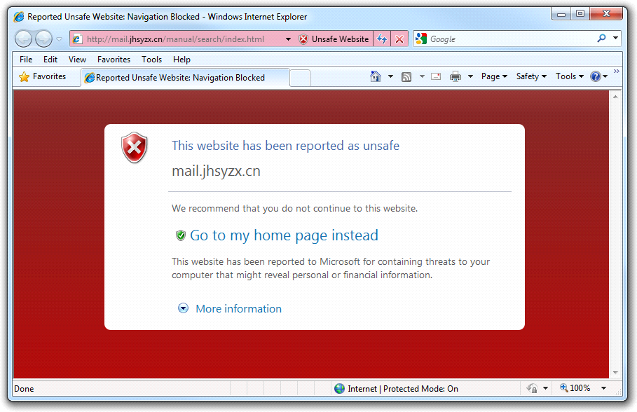 IE8 detecting a phishing site